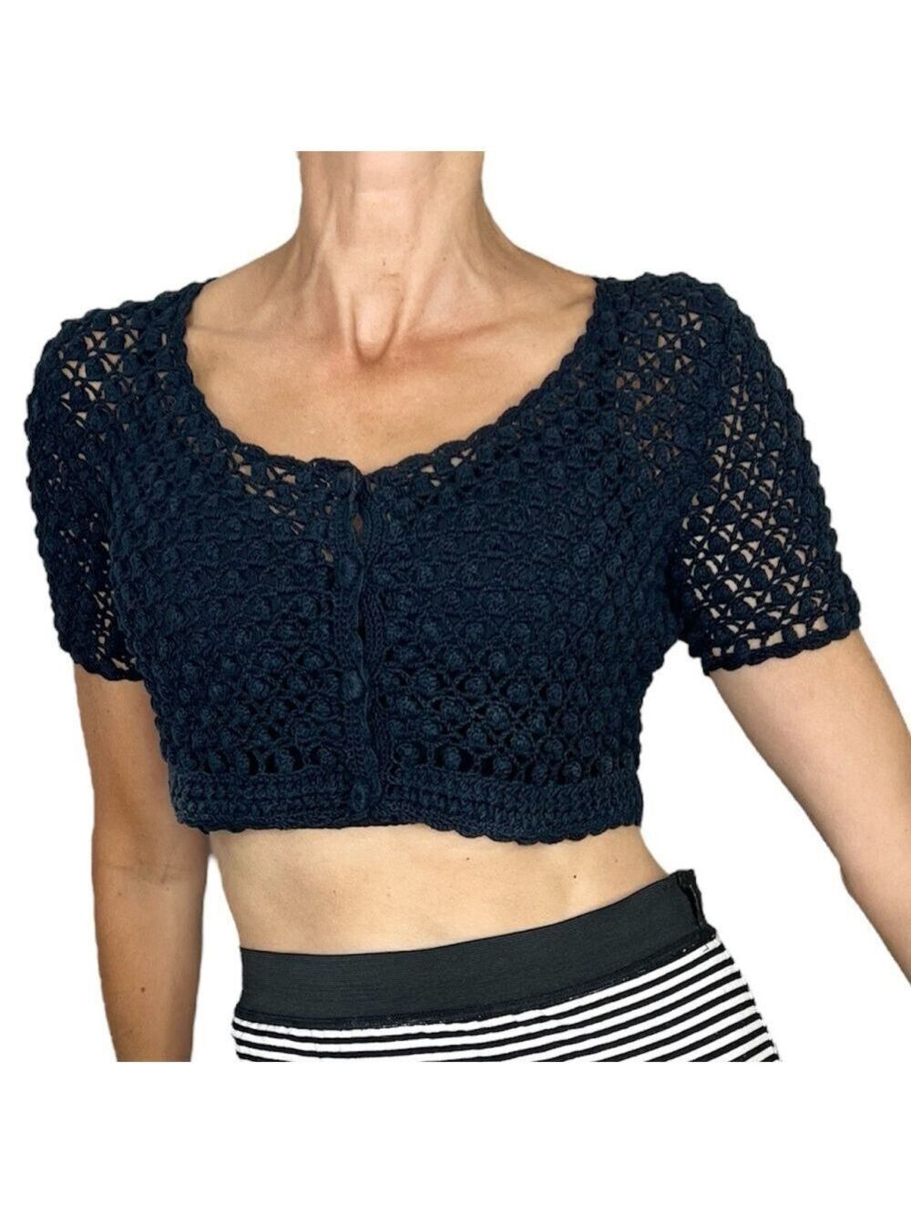 Vintage dark blue crochet open knit popcorn cropped short sleeve cardigan top